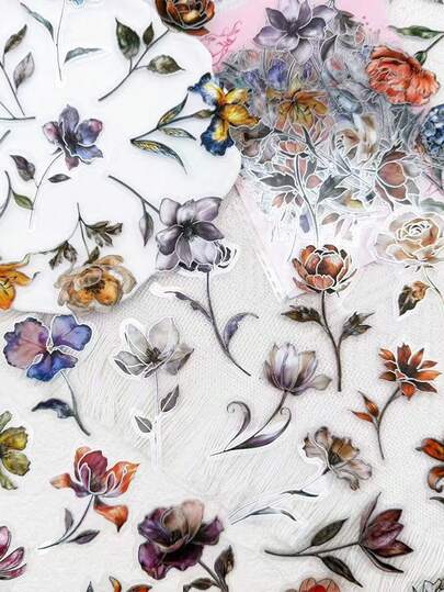 50pcs Flower Sticker Aesthetic Silver Stamping PET Transparent Decals For Laptop Luggage Computer Scrapbook Stationery Phone Case DIY Decorate Sticker