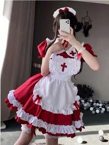 1pc Cute Sweet Maid Lace Satin Bow Bicolor Dress, Suitable For Cosplay, Stage Performance, Holiday Party, Casual Wear Halloween, Party Dress - Multicolor - View 14