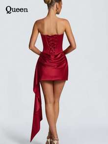 2026 Metallic Wrap-Around Plunging Dress With A Fitted Bodice And Pleated Waist - A Stylish And Elegant Short Dress With A Pure Color That Flatters The Figure. Perfect For Both Casual Gatherings And Formal Events, It Is A Versatile Women's Garment. - 紅色 - 查看 4