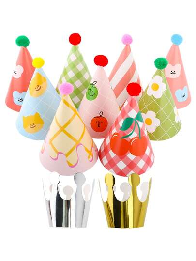 11件套迷你派对帽套装，包含2个纸质皇冠、带绒球的彩色迷你生日帽，可爱樱桃图案，适合生日派对、单身派对、拍照道具和餐桌装饰，成人和宠物均可佩戴。