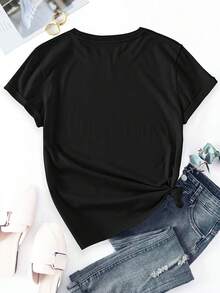 Women's 100% Cotton Floral Print T-Shirt - Black Casual Short Sleeve Round Neck Top With Vibrant Poppy &Amp; Foliage Design, Machine Washable Spring/Summer Casual Attire, Ladies T Shirts, Summer Fashion, Breathable Fabric - 黑色 - 查看 2