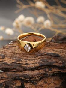 1 pièce Bague signet à barre lisse géométrique plaquée or 18 carats en acier inoxydable, élégante et polyvalente, mode personnalisée, convient pour le port quotidien et les fêtes, cadeau pour la petite amie ou la meilleure amie - Bague en  artificiel cabochon couleur or, taille diamant. - Voir 6