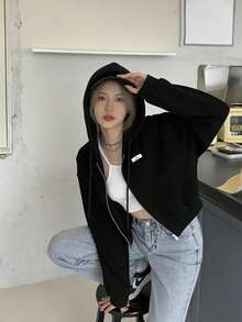 Women's Solid Color Letter Sweatshirt, Loose Fit Drawstring Casual Long Sleeve Sweatshirt, Spring/Autumn Black - Black - View 4