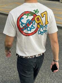 男士 Hello I Am 字母标语图案T恤 夏季街头风涂鸦97手绘风格T恤 - 白色 - 查看 3