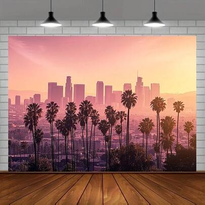1 Piece Large Los Angeles Sunset Trees And City Skyline Wall Hanging - Colorful Polyester Fabric Decoration, Suitable Bedroom, Living Room, Dormitory, Photography Background, Party And Event Decoration, Home Decoration, Landscape Background, Fade-Resistant Material, Designer Tapestry