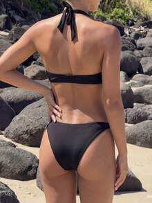 女士夏季沙滩条纹吊带系带性感比基尼泳装套装度假 - 黑玫條紋 - 查看 2