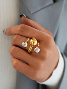 Frminee 1pc Simple Design Punk Hip Hop Style Gold Stainless Steel Exaggerated Ball Gold Silver Personalized Opening Ring - Steel Balls - View 4