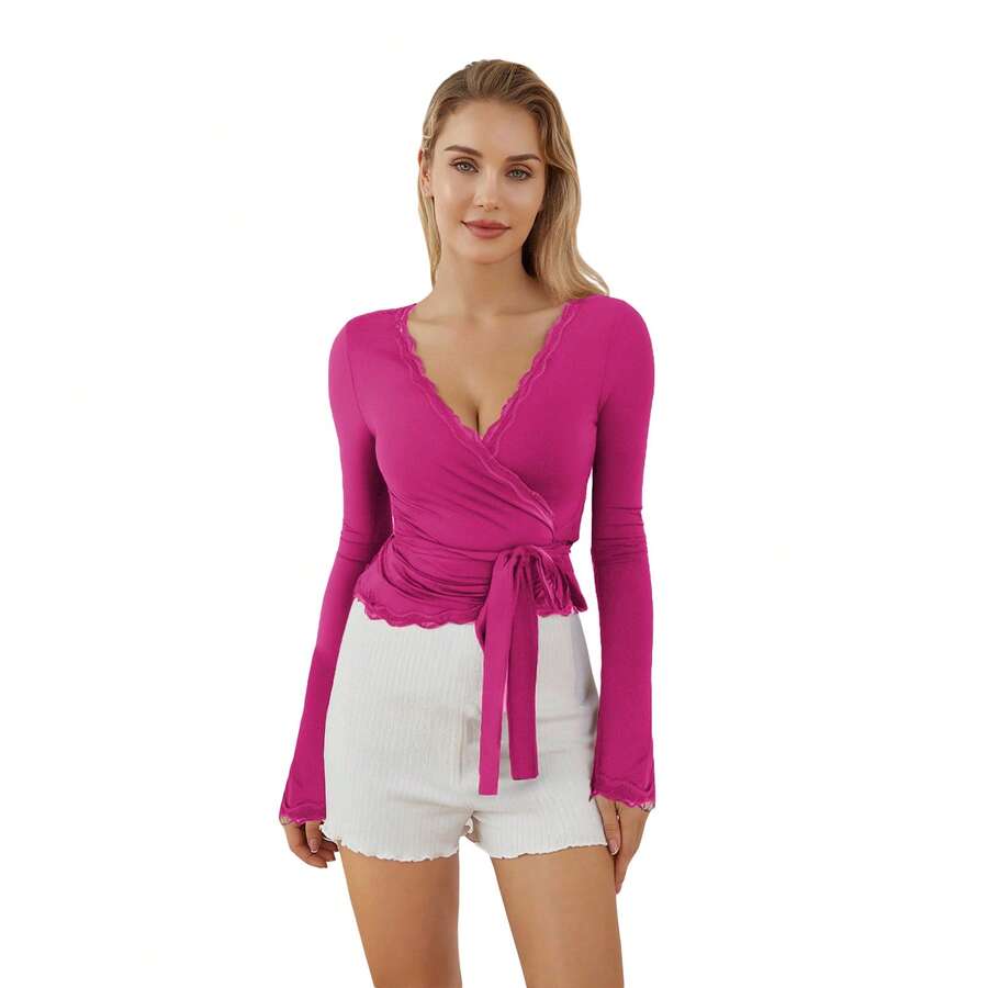 Women's Lace Trim Deep V Neck Bandage Surplice Wrap Crop Tops Pilates Outfits Ballet Wrap Tops For Women Workout Yoga Wrap Shirts Slim Fit Tie Front Coquette Tops - 玫紅色 - 查看 1