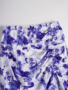 Falda de punto con estampado floral patchwork, de corte elegante y casual, con estilo bohemio y sexy, con cintura anudada, adecuada para vacaciones, citas nocturnas, fiestas de cumpleaños, primavera/verano - Azul y blanco - Ver 6