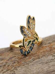 1枚流行女士时尚优雅休闲蜻蜓铜戒指，婚礼订婚派对珠宝礼物 - 金色 - 查看 7