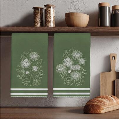 2条装厨房毛巾，简约线条绘制雏菊植物图案，40*60厘米长方形超柔软超细纤维厨房毛巾，可作洗碗布、手巾、厨房装饰、乔迁礼物，适用于厨房和浴室，是家庭主妇和家庭聚会的理想之选，性价比高，家居必备。