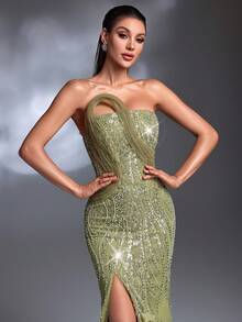 Váy dạ hội đuôi cá sang trọng, thanh lịch, xẻ tà cao, chất liệu vải tuyn thêu hoa 3D màu xanh ô liu, buộc dây một bên vai - Màu xanh Ô liu - Xem 3