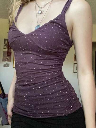 Áo hai dây nữ mùa hè Sunny Girly phong cách Y2K gợi cảm và dễ thương, in họa tiết chấm bi, xếp ly, lý tưởng cho mùa tựu trường, dạo phố, đi làm và mặc ở nhà.