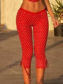 Women Skinny Capri Leggings Y2k Polka Dots Printed Bow Tie Up Knee Length Capris Pants Elastic Waist Slim Fit Cropped Trousers - 紅色 - 查看 3