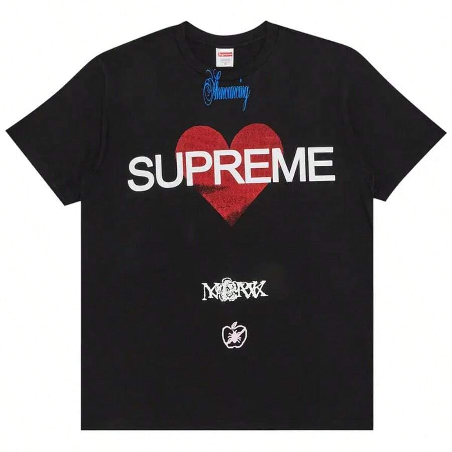 Supreme Announcing Tee | Layering  Logo T-Shirt Streetwear Unisex Short Sleeve Cotton Tee | Vintage Graphic Heart Print Shirt | Men's And Women's Luxury Urban Fashion Casual Crewneck Top In Black, White And Grey. - 黑色 - 查看 1