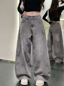 Jeans de mujer con diseño de salpicaduras lavadas con agua, de corte holgado y relajado, piernas anchas acampanadas y bajo con bajo caído, salpicaduras aleatorias - Gris - Ver 1