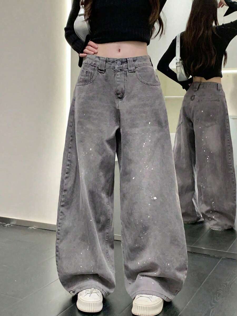 Jeans de mujer con diseño de salpicaduras lavadas con agua, de corte holgado y relajado, piernas anchas acampanadas y bajo con bajo caído, salpicaduras aleatorias - Gris - Ver 1