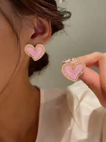 1 Pair Pink Edged Heart Resin Stud Earrings For Women - Pink - View 4