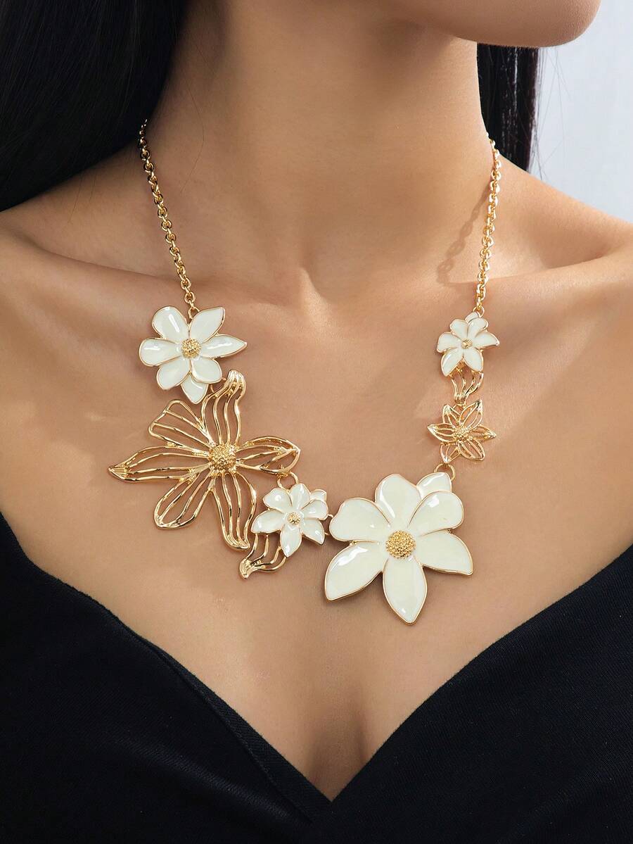 1件欧美夸张菊花设计镂空釉面花卉项链,适合女性日常佩戴和派对场合 - 菊花項鍊 - 查看 1