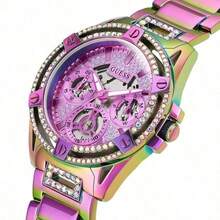 Guess Women's Rainbow Stainless Steel Quartz Watch, Encrusted Crystal Diamond Bezel, Luxury Gradient Dial, Waterproof Fashion Wristwatch, Suitable For Party And Gift - Purple - View 4