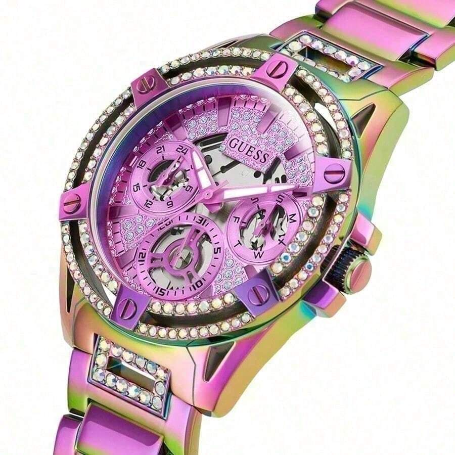Guess Reloj de cuarzo de acero inoxidable con arcoíris para mujer, bisel con diamantes engastados, esfera de lujo degradada, reloj de moda resistente al agua, adecuado para fiestas y regalos - Morado - Ver 1