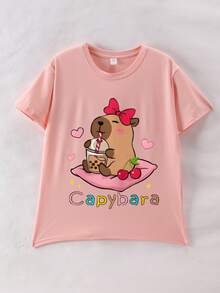 2pcs/Set Teenage Girls Casual Creative Cute Capybara Print T-Shirt + Shorts Summer Vacation Outfit - Multicolor - View 3