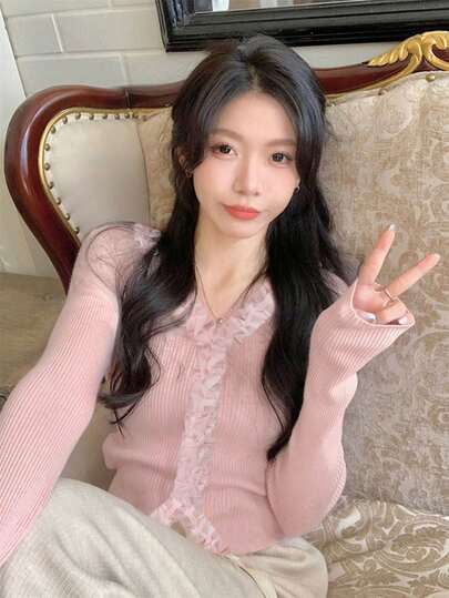 2026 Summer Pink Ruffle Trim Knit Cardigan - Elegant Pure Yurty Sweet Casual Street Y2K Long-Sleeve V-Neck Ribbed Texture Slim-Fit Crop Ladies Knit Cardigan & Ladies Top | For Young Ladies, Ladies, Sweet Girls & Y2K Girls, Perfect For Valentine's Day/Women's Day/Mother's Day/Casual Hangout/Beach Vacation/Party Gathering/Back To School/Wedding Season/Music Festival/2026 Coquette Ruffle Knit Cardigan