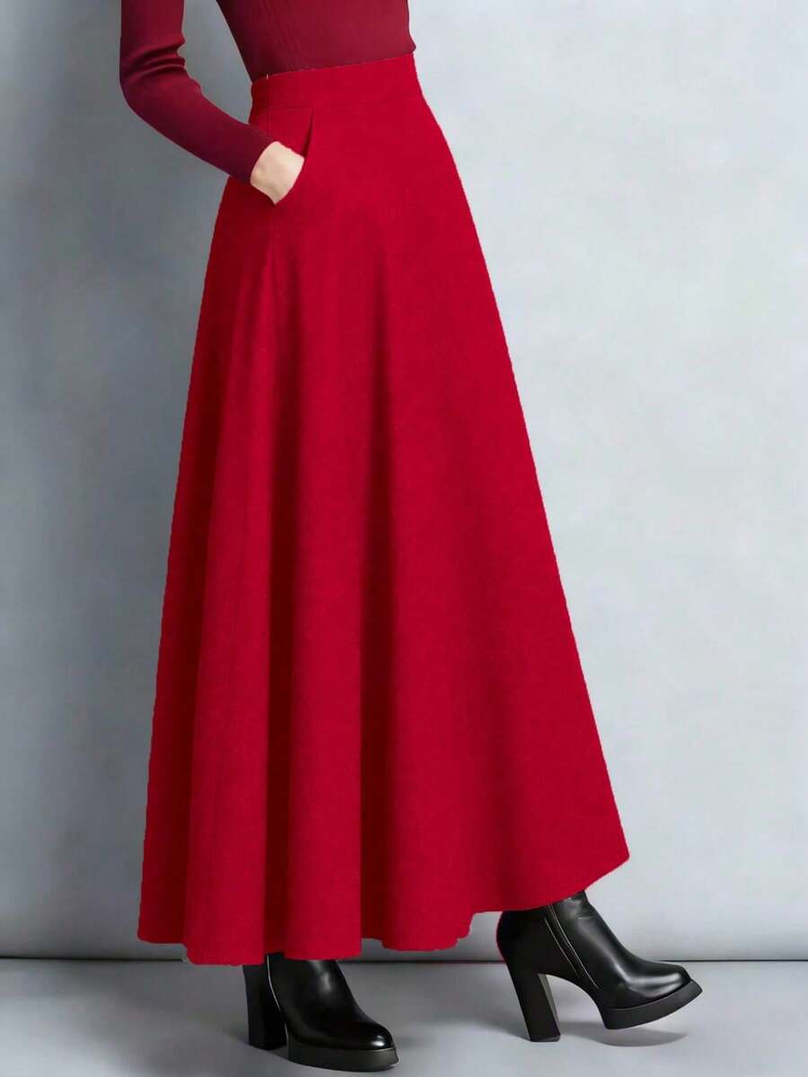 Chân váy Maxi đen dáng chữ A cạp cao, thời trang và đa năng, phong cách Hàn Quốc, phù hợp cho mùa thu/đông - Đỏ - Xem 1