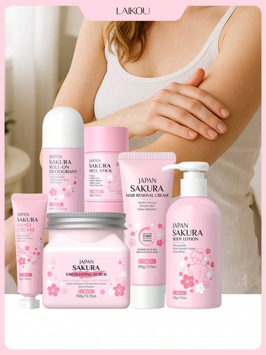 一套多功能 LAIKOU 日本樱花身体护理套装,包含 200 克身体乳、350 克去角质磨砂膏、100 克脱毛膏、30 克护手霜、40 克足跟霜、60 毫升止汗露,具有保湿、清洁、美白和持久留香的功效,女士礼品。 - 6pcs - 查看 1