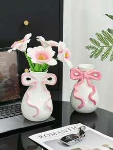 Vaso branco com laço rosa, vaso de flores delicado para quarto de estudante, decoração feminina e charmosa para apartamento. - Tamanho único serve para todos - Ver 2