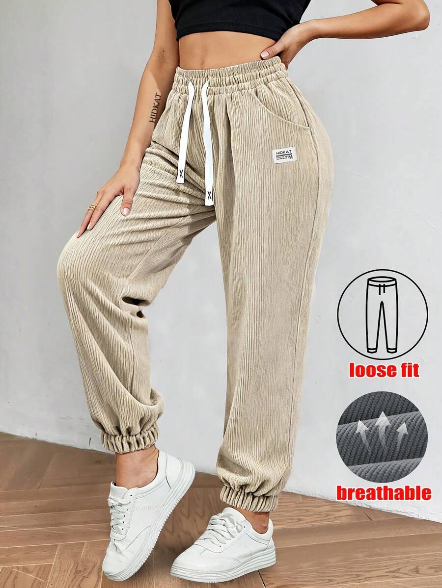 Women's Corduroy Joggers - Elastic Waist With Drawstring, Solid Color, Soft & Comfortable For Fall/Spring - 卡其色 - 查看 1