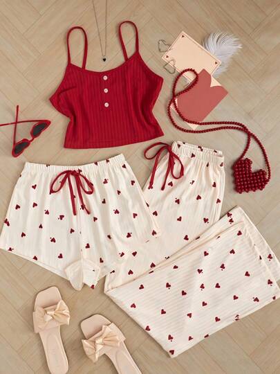 Valentine's Day Soft & Comfortable Casual Women's Pajamas, Red Button Camisole + Bow Drawstring Heart Shorts/Pants 3-Piece Set, Sweet Homewear & Outdoor Outfit