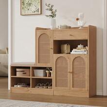 Shoe Cabinet With Upholstered Bench, 3 Woven Rattan Doors And 1 Drawer. Multifunctional Storage Unit With Shoe Rack For The Entryway. Wood Effect. Dimensions: 142 Cm (Width) X 35 Cm (Depth) X 110 Cm (Height). - Wood Color - View 10