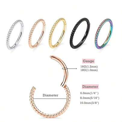 1 pieza Anillo de nariz con bisagra de acero quirúrgico 316L 16G sin costura para perforación de nariz, septo, cartílago, hélice, trago, concha, rook, daith, lóbulo, diámetro de 8 mm a 12 mm, color dorado
