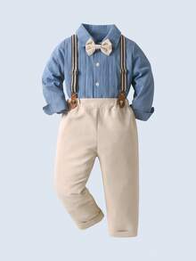BOARNSEORL 2pcs Young Boys Gentleman Outfit - Long Sleeve Collared Shirt With Bow Tie And Khaki Suspender Pants, Fashionable And Dapper Attire For Birthday Party, Wedding, Ring Bearer - Khaki - View 3