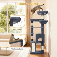 HaluPeit Cat Tree, 153 Cm, Spacious And Stable, With 6 Scratching Posts, 1 Comfortable Large Cat House, 3 Large Platforms, Cat Basket, Pom-Poms, Scratching Board, Dark Grey - Dark Grey - View 4
