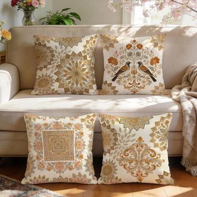 4件套复古经典花卉图案单面印花抱枕套，装饰枕套，适用于客厅、沙发、卧室，不含枕芯