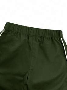 1pc Tween Boys Minimalist Workout Sports Outdoor Straight Leg Pants, Spring/Autumn - Army Green - View 5