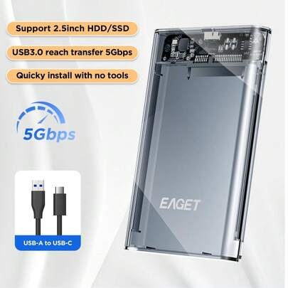EAGET 2.5 Inch External Hard Drive Enclosure, Tool-Free Installation USB 3.0 To SATA III Adapter, Plug And Play Portable Metal Case For HDD SSD Up To 6TB, UASP Supported (Drive Not Included)
