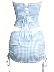 Yuwenier Y2K Elegant Bow Front Boned Lace Patchwork Camisole Top And Low Waist Drawstring Lace Hem Bodycon Skirt 2-Piece Outfit, Suitable For Valentine's Day, Music Festival, Spring/Summer Date - Blue - View 4