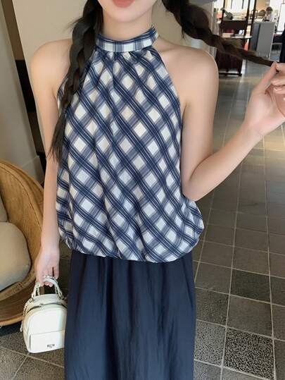 复古蓝白格子露背吊带背心，宽松无袖休闲上衣，夏季必备