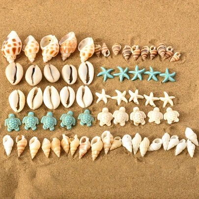 Zestaw 65 sztuk/zestaw wisiorków z motywem plażowym: muszla, rozgwiazda i żółw, naturalne zawieszki z muszli, rozgwiazdy i żółwia, materiały do samodzielnego tworzenia biżuterii, akcesoria o tematyce oceanicznej