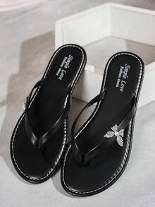女士夏季黑色人字拖凉鞋，蝴蝶花朵水晶珍珠装饰，圆头简约设计，轻便时尚休闲家居平底拖鞋，适合外出、聚会、度假，舒适女鞋，沙滩凉鞋 - 黑色 - 查看 6