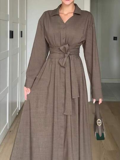 Plain-Color Elegant Casual Woven Fabric Long Sleeve Tied Waist Shirt Dress Spring