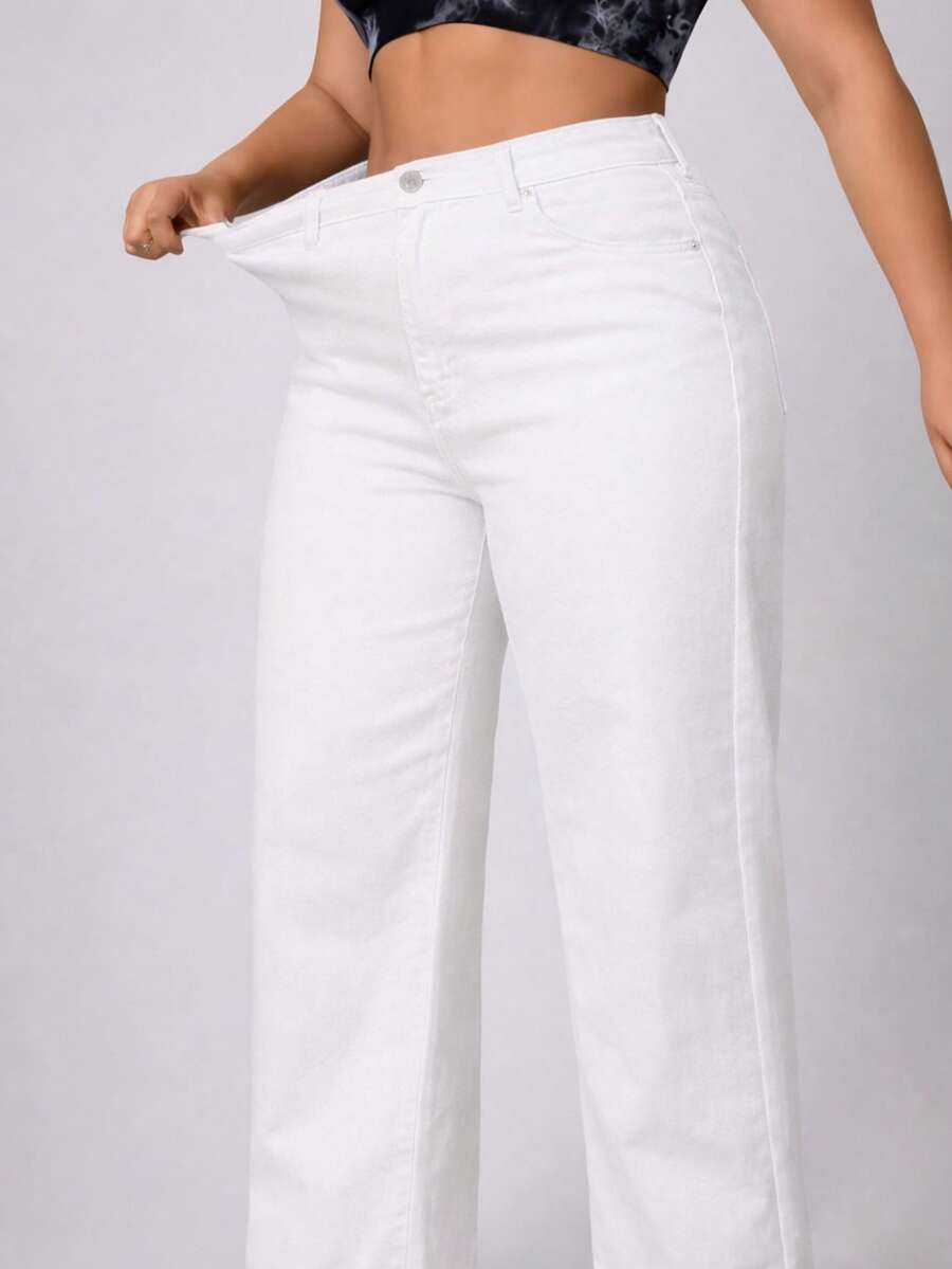 Plus Size Women High Waisted White Straight Leg Jeans High Stretch Soft Denim Pants Casual Everyday Fit - 白色 - 查看 1