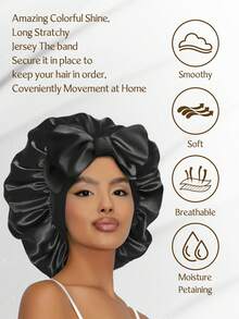 1 pieza Gorro de dormir de satén para mujer, diseño de correa elástica, suave y sedoso, material de satén colorido, gorro de dormir casual para el cuidado diario del cabello en el hogar - Negro - Ver 13