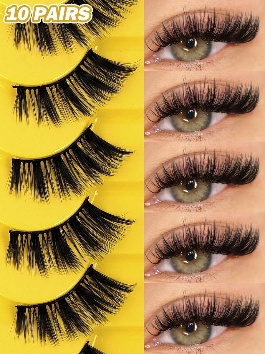MAANGE 10对自然半条假睫毛，卡通眼妆，细带假睫毛，精致3D仿貂毛假睫毛，柔软假睫毛条 - 黑色 - 查看 1