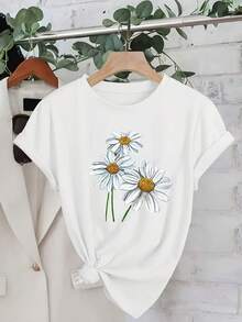 Daisy Print T-Shirt, Casual Short-Sleeve Round Neck Sports Top Suitable for Women'S Wear in Spring and Summer. - Blanc - Voir 1