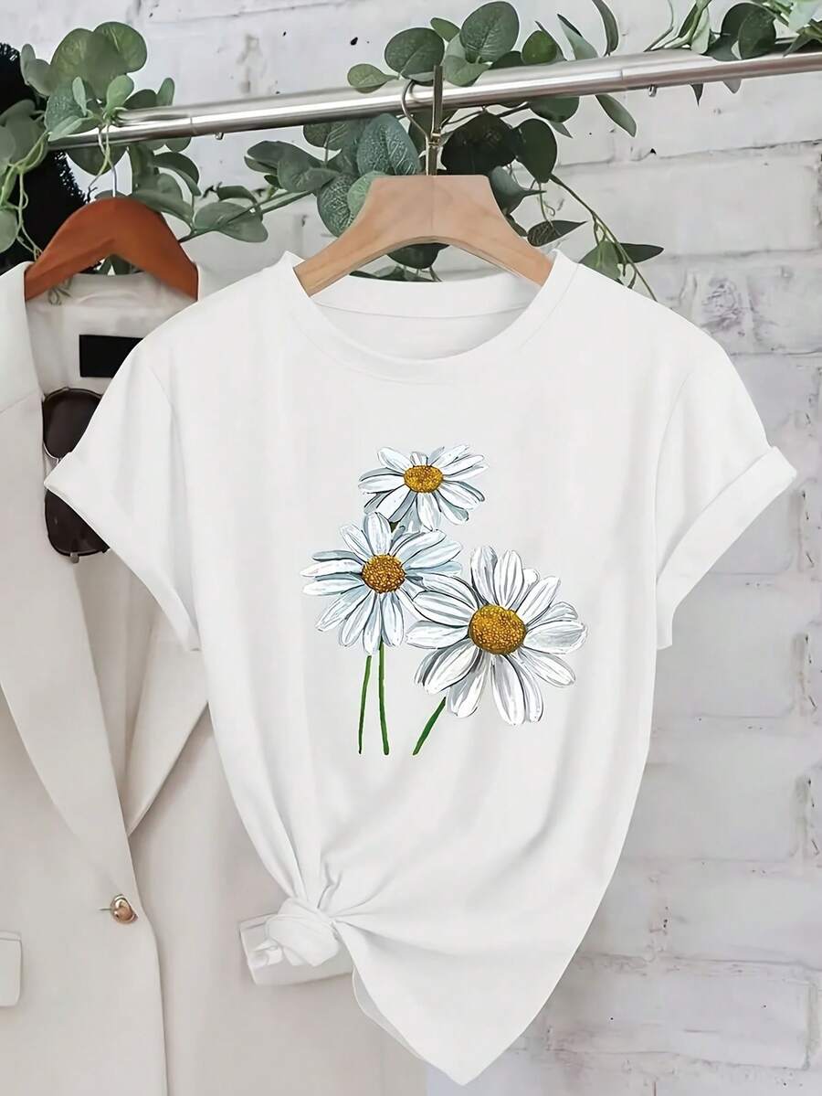 Daisy Print T-Shirt, Casual Short-Sleeve Round Neck Sports Top Suitable for Women'S Wear in Spring and Summer. - Blanc - Voir 1