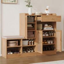 Shoe Cabinet With Upholstered Bench, 3 Woven Rattan Doors And 1 Drawer. Multifunctional Storage Unit With Shoe Rack For The Entryway. Wood Effect. Dimensions: 142 Cm (Width) X 35 Cm (Depth) X 110 Cm (Height). - Wood Color - View 8
